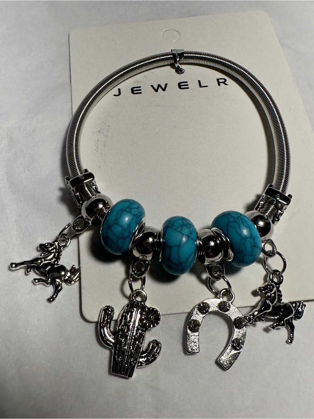 Silver Charm Bracelet with Turquoise Beads